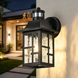 Waterproof Motion Sensor Exterior Wall Lantern 1-Pack, Black Anti-Rust Porch Sconce with Water Ripple Glass Shade, Outdoor Wall Lamp for Garage [Energ