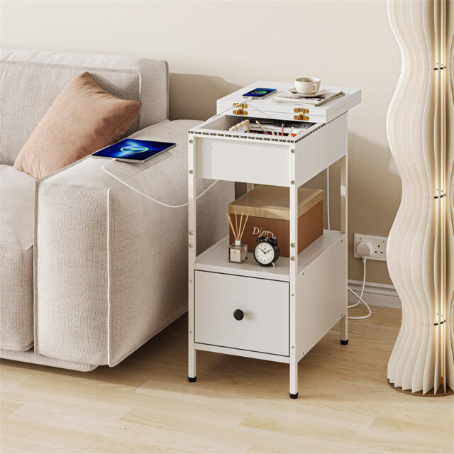 Slim Side Table With Charging Station, LED Light, Narrow Bedside Table With Open Shelves And Wooden Drawers