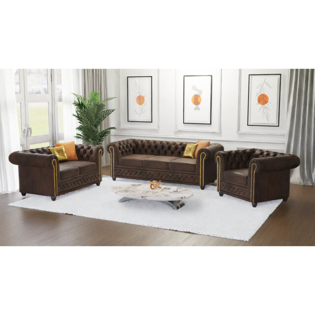 Chesterfield Friedrich Sofa Set 3+2+1 Made of Vintage Look Microfibre with Solid Wood Legs