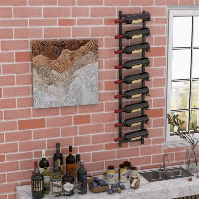 Wall Mounted Wine Rack, 9 Bottles Metal Wine Storage Holder, Drinks Display Shelves Organizer For Home Bar Kitchen Living Dining Room, Black (9 Bottle