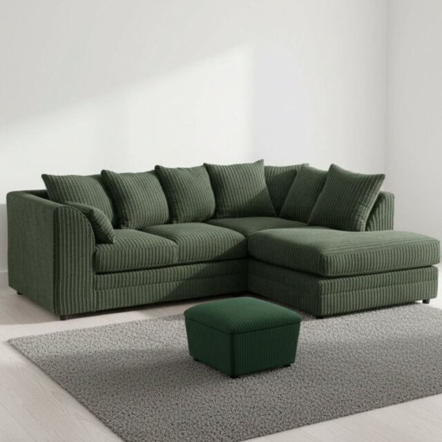 Jumbo Cord Upholstered Corner Sofa Small Back Cushion with Foot Stool