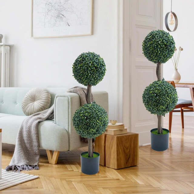 35 Inch Artificial Topiary Ball Trees Set of 2, Faux Boxwood Topiary Ball Tree for Indoor and Outdoor Home Decor