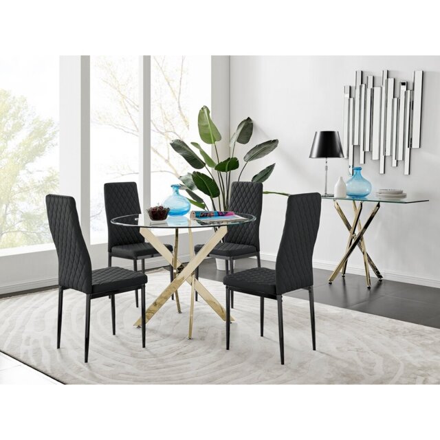 Tierra Modern Metal & Glass Round Dining Table Set with 4 Quilted Faux Leather Chairs
