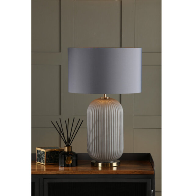 Helicon Table Lamp Grey Ribbed Glass and Antique Brass With Shade