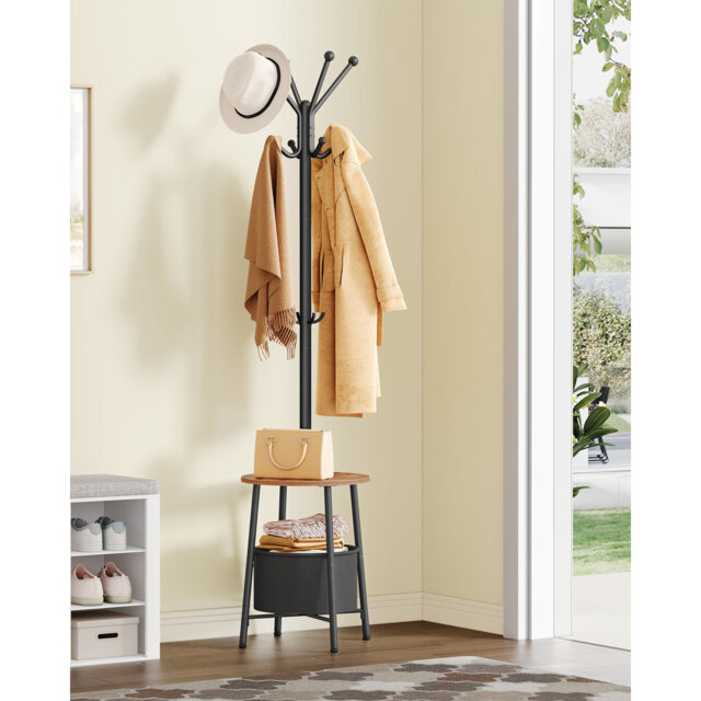 Coat Rack, Coat Stand with 12 Hooks for Small Space, Coats Tree with Large Storage Basket and 1 Shelf for Bag Jacket Hats, Hallway, Living Room, Bedro