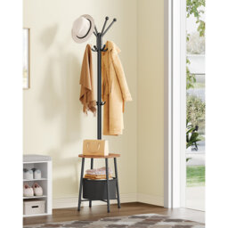 Coat Rack, Coat Stand with 12 Hooks for Small Space, Coats Tree with Large Storage Basket and 1 Shelf for Bag Jacket Hats, Hallway, Living Room, Bedro