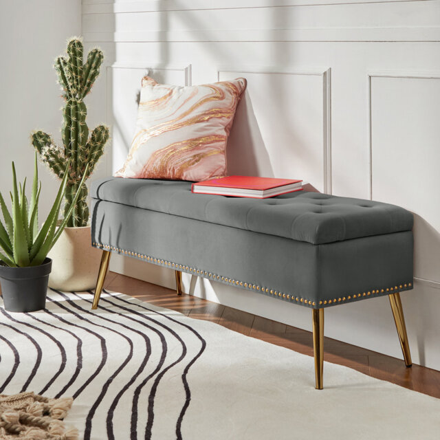 Clasby 116cm Wide Transitional Polyester Upholstered Tufed Bench with storage space