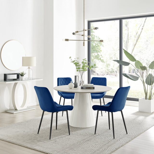 Edzard Statement 4 Person Round Dining Table Set in Luxury Stone Effect - Velvet Dining Chairs