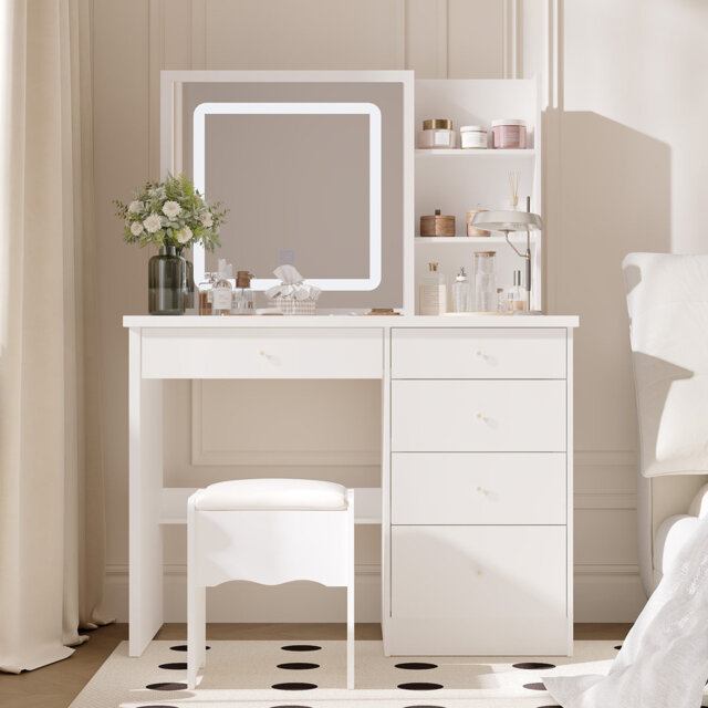 100cm Wide Dressing Table with Sliding 3-Colour LED Mirror & Hidden Storage, 5-Drawer Vanity & Stool