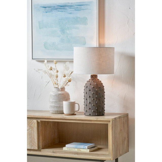 Kali Textured Dot Light Grey Stoneware Table Lamp Base with Lino 30cm Black Self Lined Linen Cylinder Lampshade