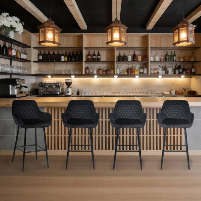 Bar Stools Set Of 4, Velvet Fabric With Backrest And Armrests, Auitable For Kitchen, Home, Bar, Counter