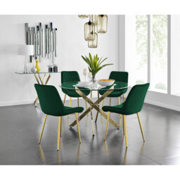 Tierra Modern Metal & Glass Round Dining Table Set with 4 Luxury Velvet Dining Chairs