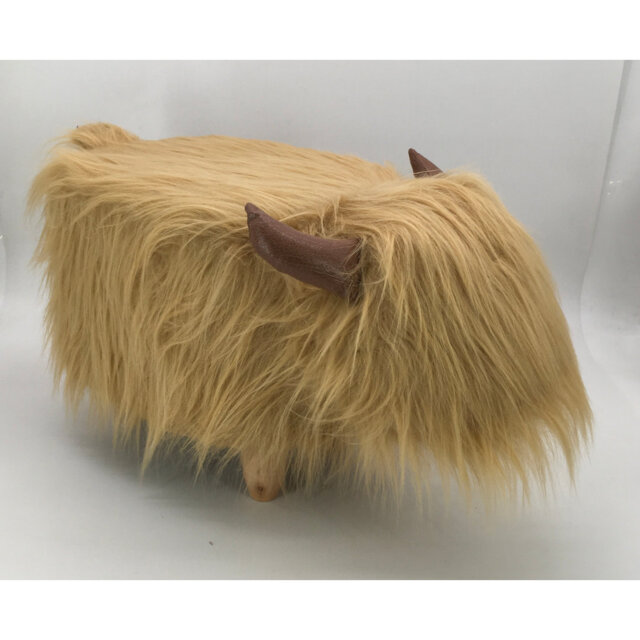 Highland Cow synthetic fur footstool with wooden legs
