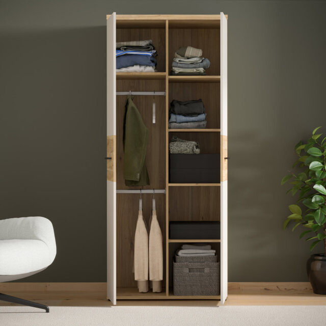 Modern wardrobe with 2 doors , low clothing rail and shelves, engineered wood, beige/light oak decor, 79.9 cm W x 189 cm H x 52.7 cm D