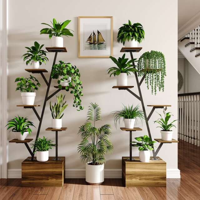 "55"" Plant Stand With Grow Lights, 2 Pcs Plant Holder With 6 Tiered Tall Plant Shelf, Branch Shaped Metal Plant Stand For Indoor, Black"