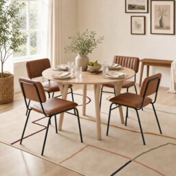 Drea Round Soild Wood Dining Table With 4 Tan Dorsey Chairs - Farmhouse Style