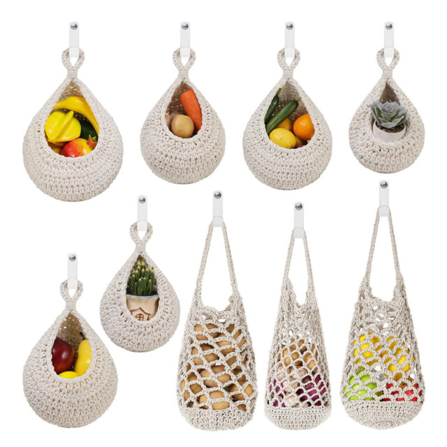 Jute Kitchen Hanging Baskets 9 Pcs, Fruit Woven Wall Basket Hanging Vegetable And Onion Storage With 24 Hooks