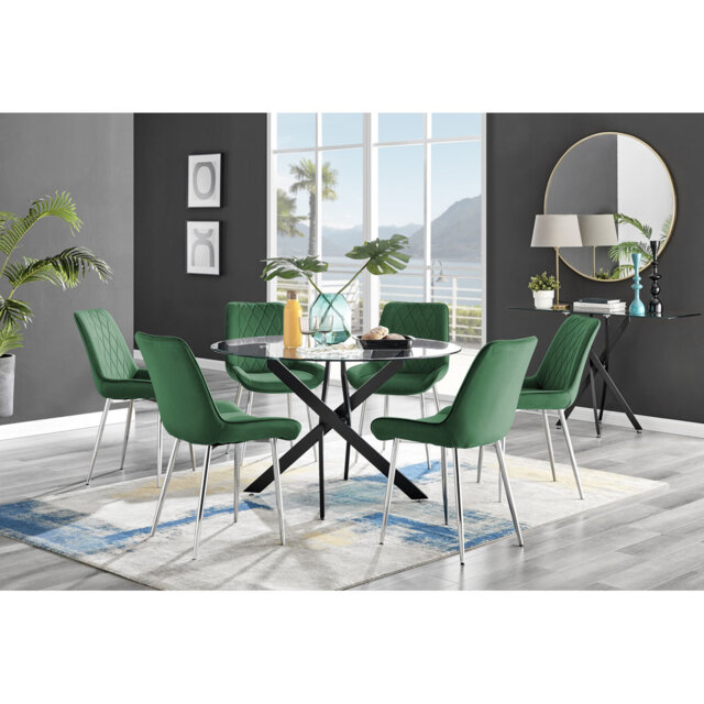 Tierra Modern Chrome Metal & Glass Round Dining Table Set with 6 Luxury Faux Leather Chairs