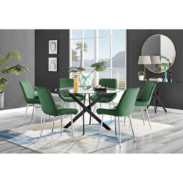 Tierra Modern Chrome Metal & Glass Round Dining Table Set with 6 Luxury Faux Leather Chairs