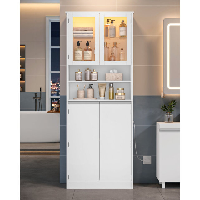 Kitchen Pantry Cupboard with LED lighting, Tall Kitchen Cabinet with Adjustable Shelves, Sideboard Storage Cabinet, Countertop, Open Compartments for