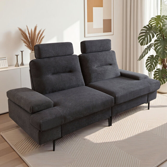 220cm Modern 3 Seater Sofa with Adjustable Armrests and Backrest, Comfy Upholstered Couch for Dining Room, Gray