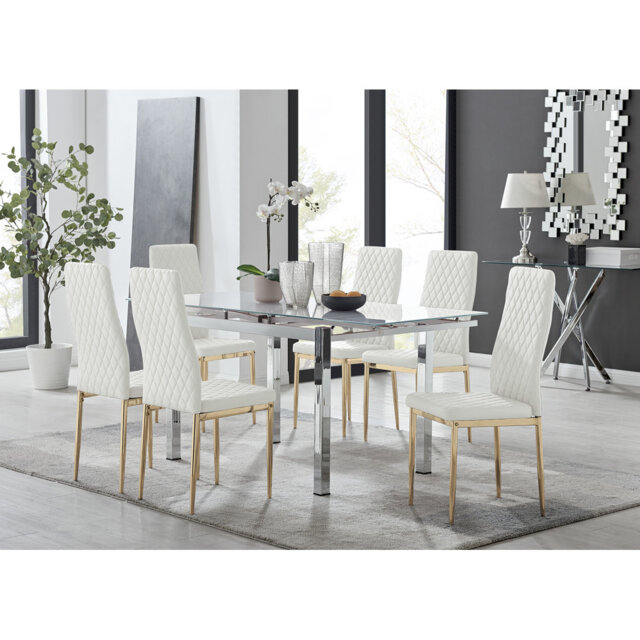 Tierra Modern Glass & Metal Extendable Dining Table Set & 6 Luxury Faux Leather Dining Chairs