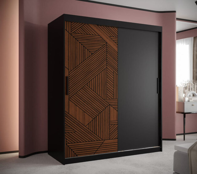 Augustyn Sliding Door Wardrobe W150cm â Black & Dark Walnut, Compact Bedroom Storage