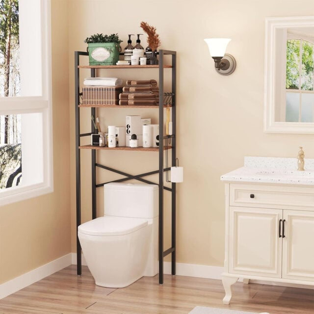 3 Tier Bathroom Organizer Shelf, Freestanding Space Saver with Toilet Paper Holder, 64×24×165CM Rustic Brown
