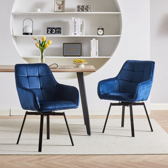 2 X Dining Chair, Velvet Padded Seat 360°Swivel Armchair With Backrest And Metal Legs, Black