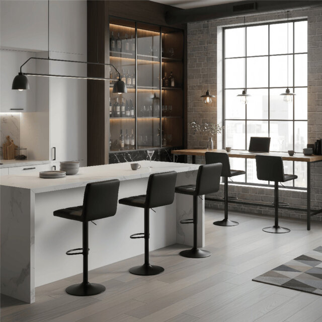 Bar Stools Set Of 6, Adjustable Height,PU Leather,360° Swivel Kitchen Stools With Backrest And Footrest, Anti-Slip Metal Base For Kitchen Home Bar, Bl