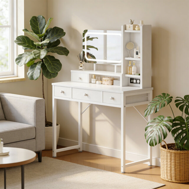 Dressing Table With Large LED Mirror, 3 Adjustable Lighting Modes & Brightness Control, Built-In USB & AC Power Outlets, Vanity Desk With 4 Fabric Dra