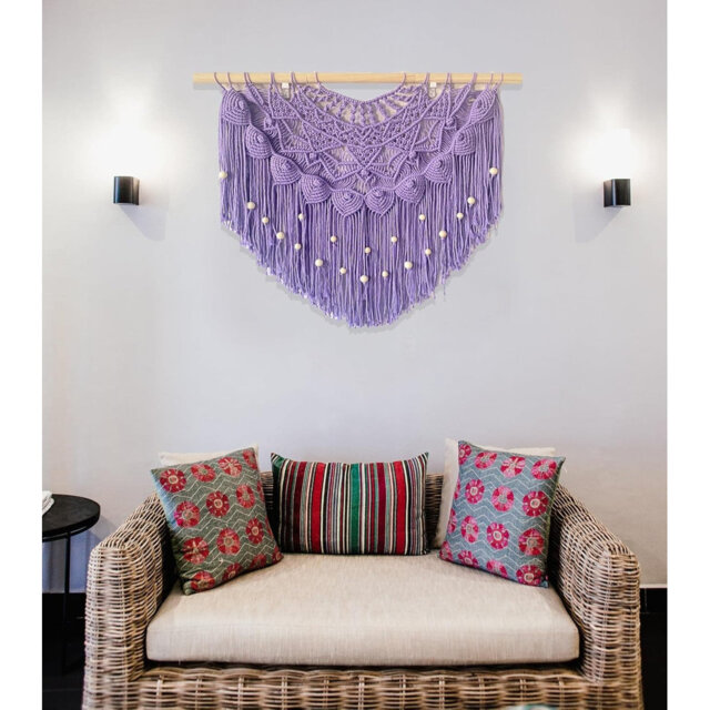"Large Boho Macrame Wall Hanging Beaded Curtain Headboard Tassel Tapestry Navy 31""x25"""