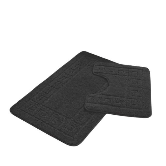 Greek Style Bath Mat Set – Ultra Soft Polyester Memory Foam Bathroom Rug & Contour Mat with Non-Slip Latex Back, Washable 2-Piece Set