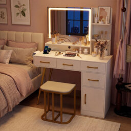 Vanity Desk With Stool Makeup Dressing Table Set With LED Mirror-White