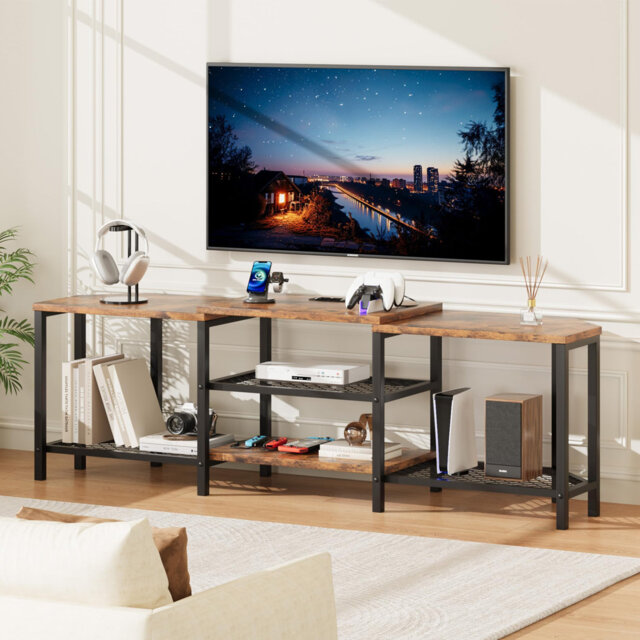 TV Stand for TVs up to 75 Inch, Corner Entertainment Center with 4 Open Storage Shelves & Built-in Power Outlets, Modern TV Stand Media Console for Li