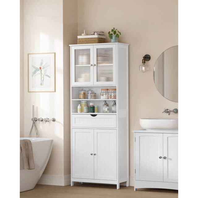 Storage Cabinet, Freestanding Bathroom Storage Unit With Adjustable Shelves, Drawer, Open Compartments, For Bathroom, Living Room, Kitchen, Cloud Whit