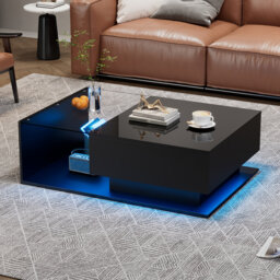 LED Coffee Table, Modern High Gloss Coffee Table 100*50*32cm Particle Board, Tempered Glass 1-Piece Coffee Table with Storage Black LED Lighting & Hig