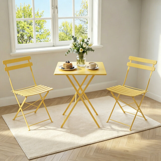 3 Piece Foldable Patio Bistro Set, Outdoor/Indoor Metal Table and Chairs Furniture, Compact Square Table with 2 Folding Chairs for Balcony, Porch, Gar