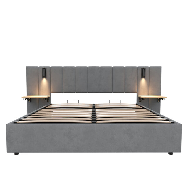 Upholstered Bed With Headboard And Adjustable Bedside Shelf Grey