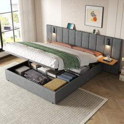 Upholstered Bed With Headboard And Adjustable Bedside Shelf Grey