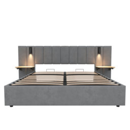 Upholstered Bed With Headboard And Adjustable Bedside Shelf Grey