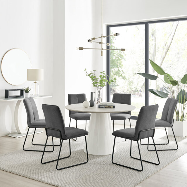 Edzard Statement 6 Person Round Dining Table Set in Luxury Stone Effect - Fabric Dining Chairs