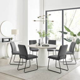Edzard Statement 6 Person Round Dining Table Set in Luxury Stone Effect - Fabric Dining Chairs