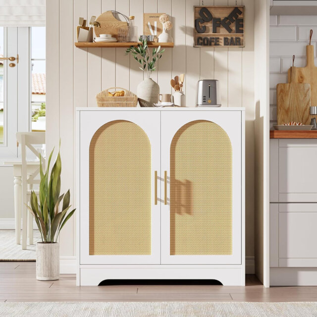 Rattan Buffet Cabinet with Doors, Wood Sideboard for Dining Room & Bedroom