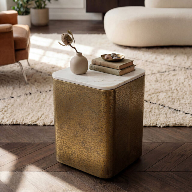 Gold Metal Square Side Table with White Marble Top