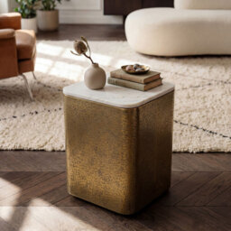 Gold Metal Square Side Table with White Marble Top