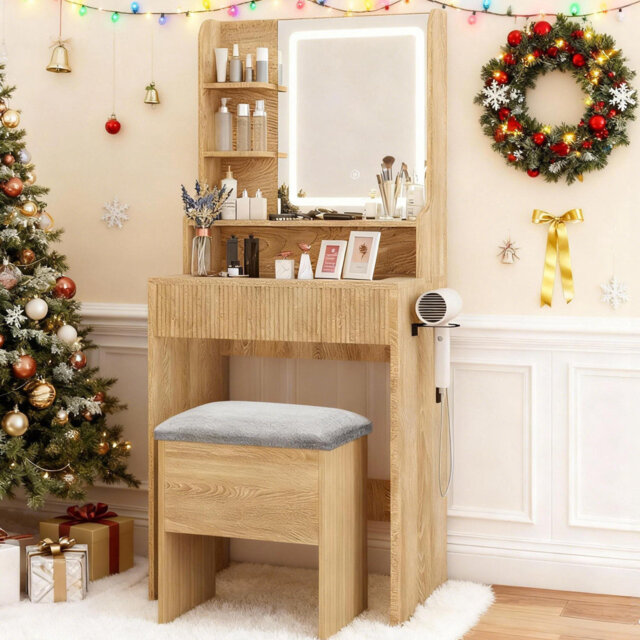 Dressing Table With Charging, Led Lighted Mirror Makeup Vanity With Storage Stool, Glass Tabletop