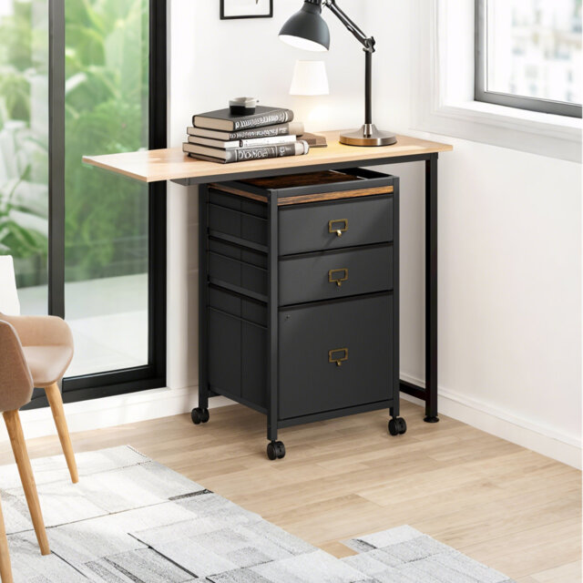 Modern 3 Drawer File Cabinet, Rolling Printer Stand, Black Fabric Drawers, Home Office Storage