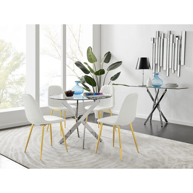 Tierra Modern Chrome Metal & Glass Round Dining Table Set with 4 Luxury Faux Leather Chairs