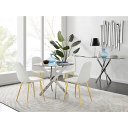 Tierra Modern Chrome Metal & Glass Round Dining Table Set with 4 Luxury Faux Leather Chairs